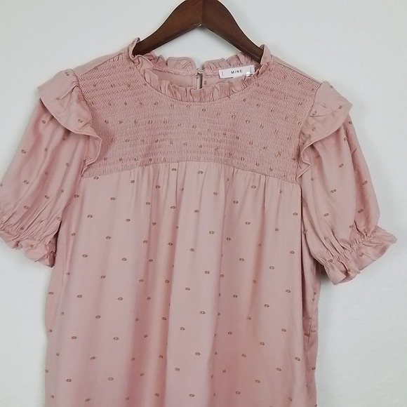 Anthropologie MINE Boho Smocked Ruffle‎ Puff Sleeve Blouse Pink Dot size L - Picture 3 of 13